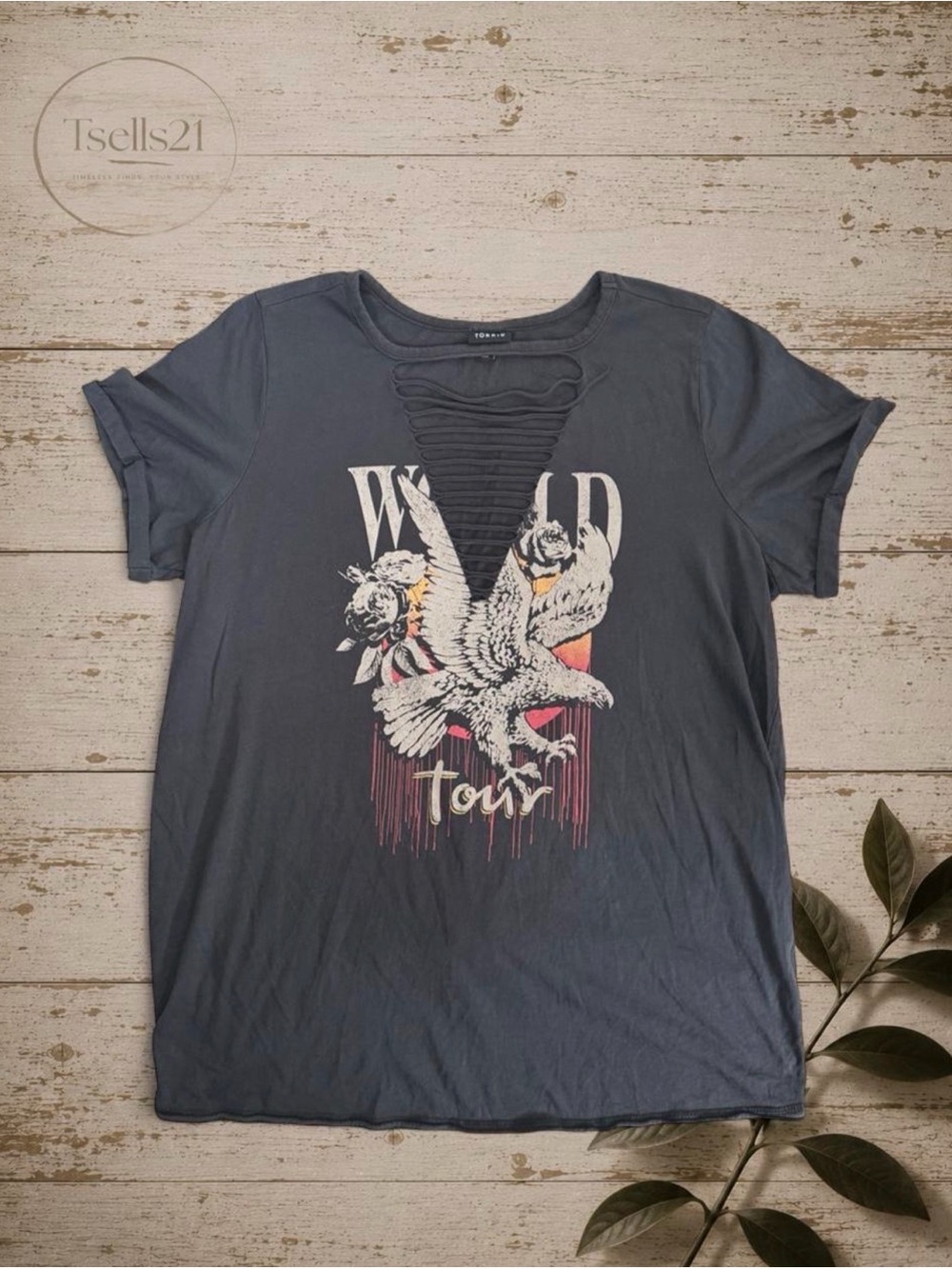Torrid Black/Grey "Wild Tour" Eagle Graphic Tee w/ Slashed Neckline - Size 2